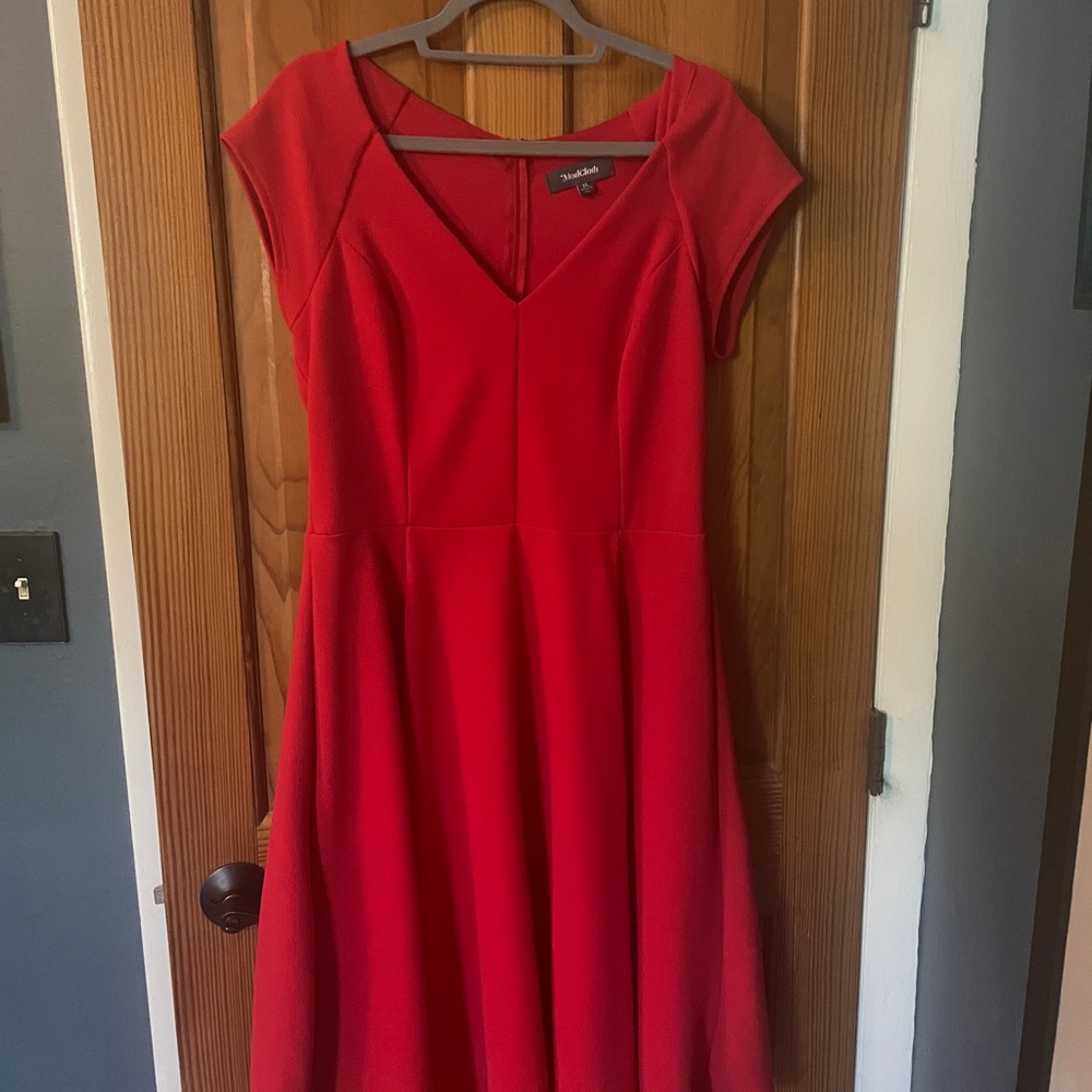 Modcloth Red A-Line Midi Dress V-Neck Cap Sleeve